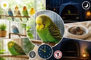 A photorealistic collage featuring pet birds resting throughout the day and night. The central image shows a sleeping budgerigar on a perch, surrounded by scenes of birds resting in daylight, sleeping in covered cages at night, and relaxing in calm environments. The composition represents healthy sleep habits for pet birds.