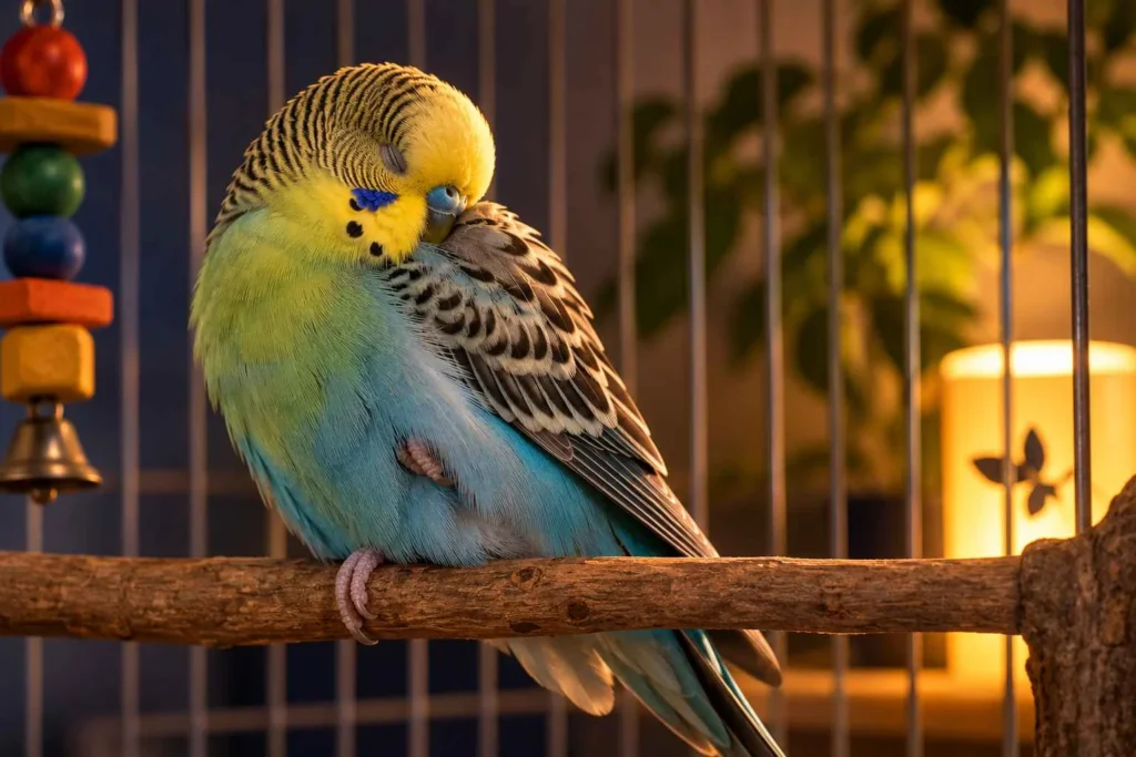 Parakeet sleeping peacefully on a wooden perch with one foot tucked up and its head resting against its back in warm, dim evening light.