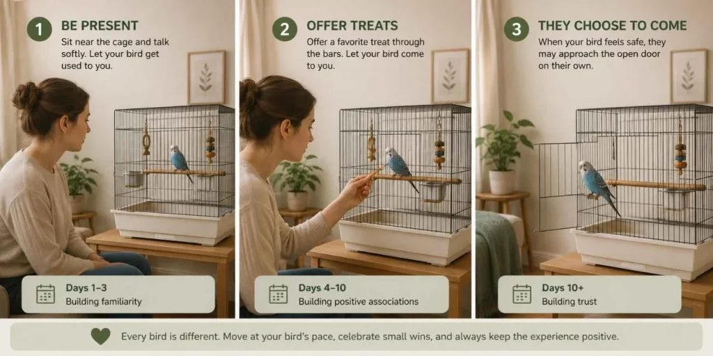 Three-panel illustration showing trust-building with a new pet bird by sitting near the cage, offering a treat through the bars, and allowing the bird to approach an open cage door on its own.