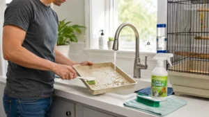 Person cleaning a bird cage tray in a bright kitchen sink using bird-safe cleaning supplies in a clean, organized home.