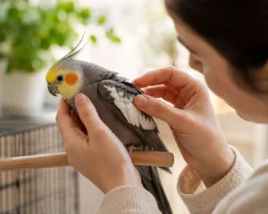 Person gently observing a cockatiel's feathers and posture while the bird rests calmly on a wooden perch in soft natural light.