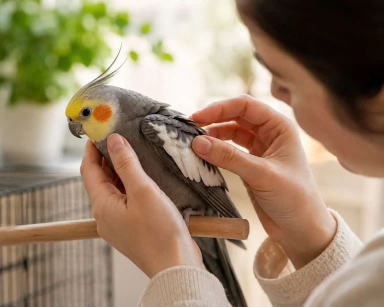 Person gently observing a cockatiel's feathers and posture while the bird rests calmly on a wooden perch in soft natural light.