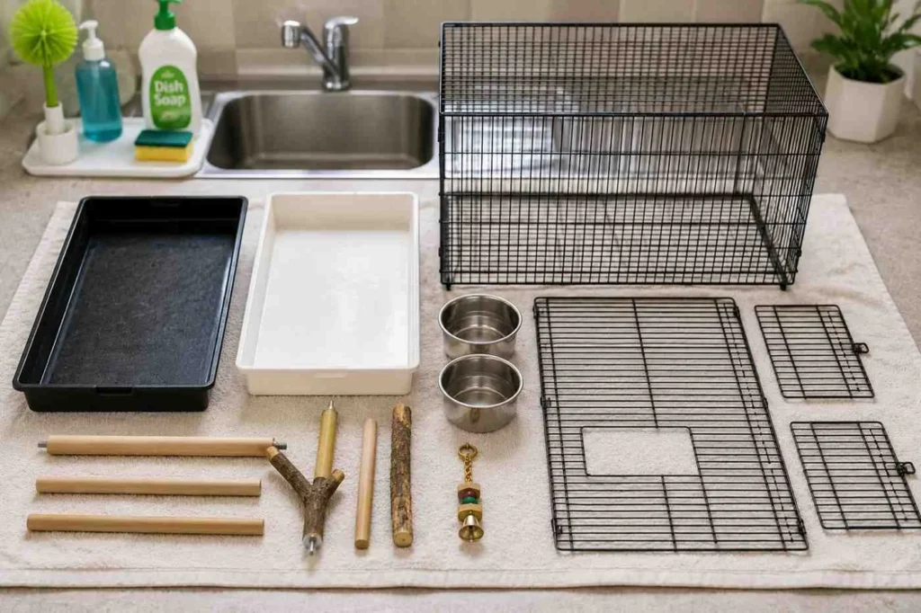 Disassembled bird cage with trays, grates, perches, bowls, and cage parts neatly arranged beside a sink before deep cleaning.
