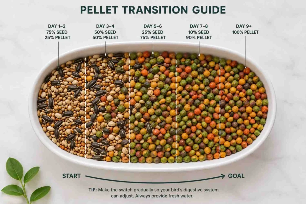 Top-down view of a bird food bowl showing a gradual transition from seed to pellets, illustrating how to switch a pet bird to a healthier pellet-based diet.