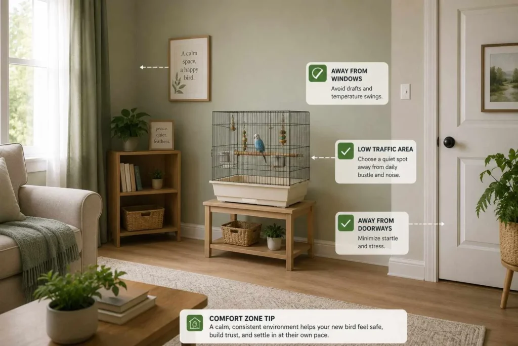 Bird cage placed in a quiet corner of a living room away from windows and doorways to create a calm, low-stress environment for a new pet bird.