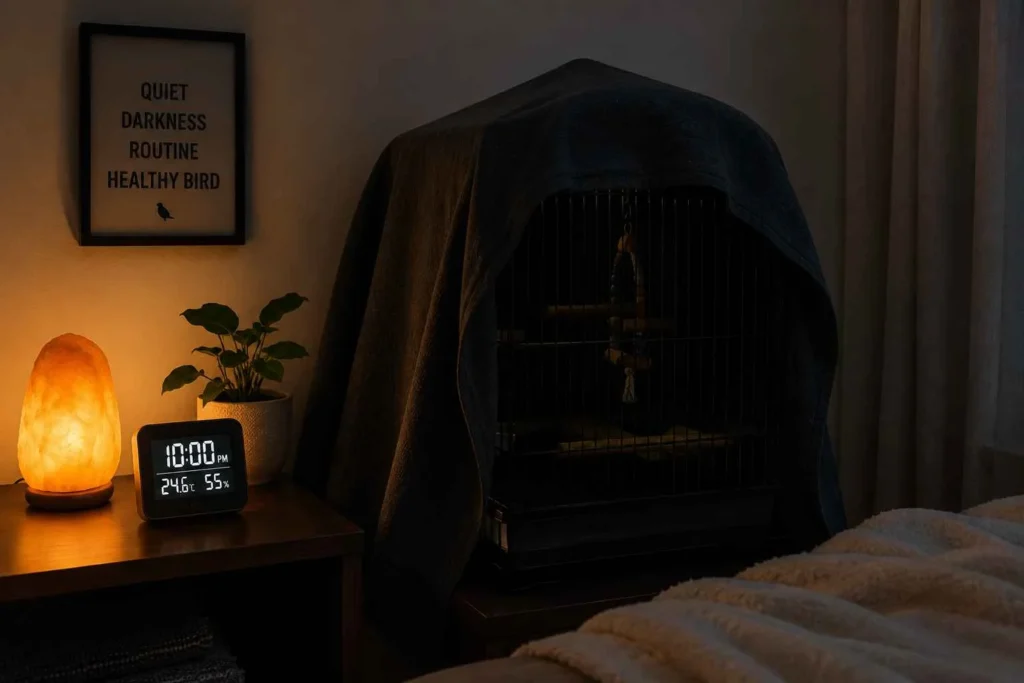 Photorealistic sleep environment for a pet bird featuring a covered birdcage in a quiet, dimly lit bedroom corner with soft ambient lighting for a peaceful nighttime routine.