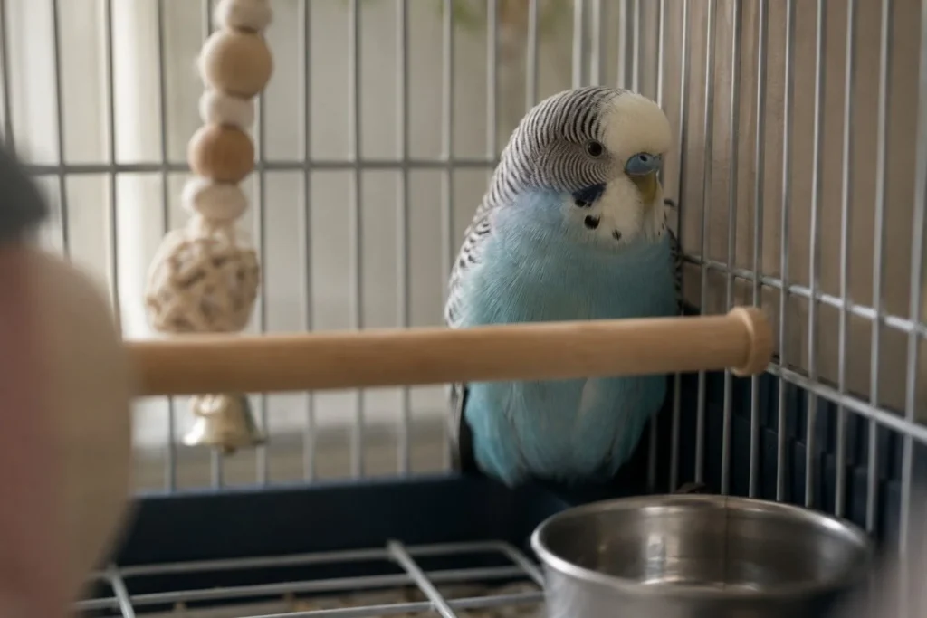 Newly adopted pet bird sitting quietly in the corner of its cage with slightly puffed feathers, showing cautious behavior during the adjustment period.