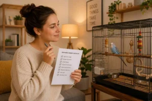 Thoughtful new bird owner reviewing a bird care checklist while observing a calm pet budgie in a spacious cage inside a warm, tidy living room.