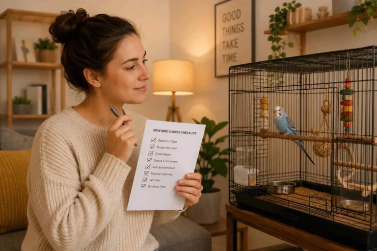 Thoughtful new bird owner reviewing a bird care checklist while observing a calm pet budgie in a spacious cage inside a warm, tidy living room.