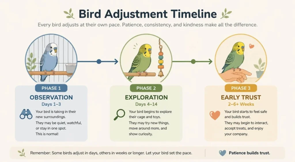 Horizontal bird adjustment timeline showing three stages: observation, exploration, and early trust as a new pet bird settles into its home.
