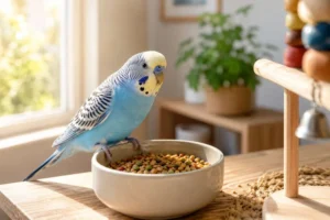 Budgerigar perched beside a clean feeding bowl filled with nutritious pellets in a bright, sunlit home, creating a welcoming environment for daily pet bird care.