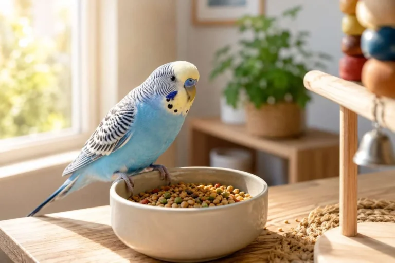 Budgerigar perched beside a clean feeding bowl filled with nutritious pellets in a bright, sunlit home, creating a welcoming environment for daily pet bird care.