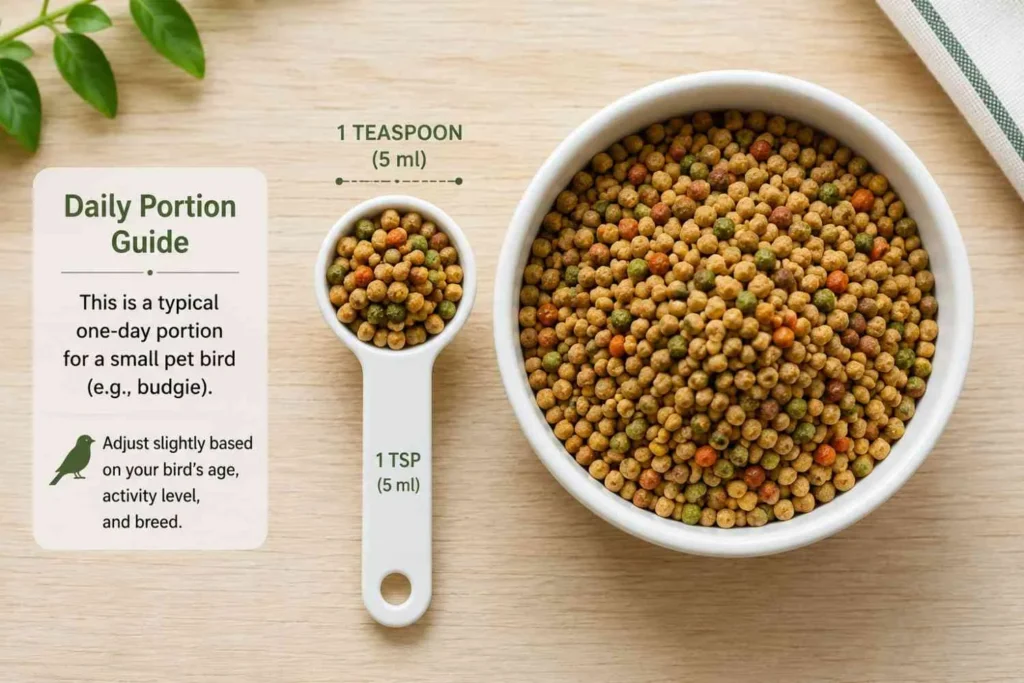 Overhead close-up of a measuring spoon beside a bowl of bird pellets, illustrating a realistic single-day food portion for a pet bird.