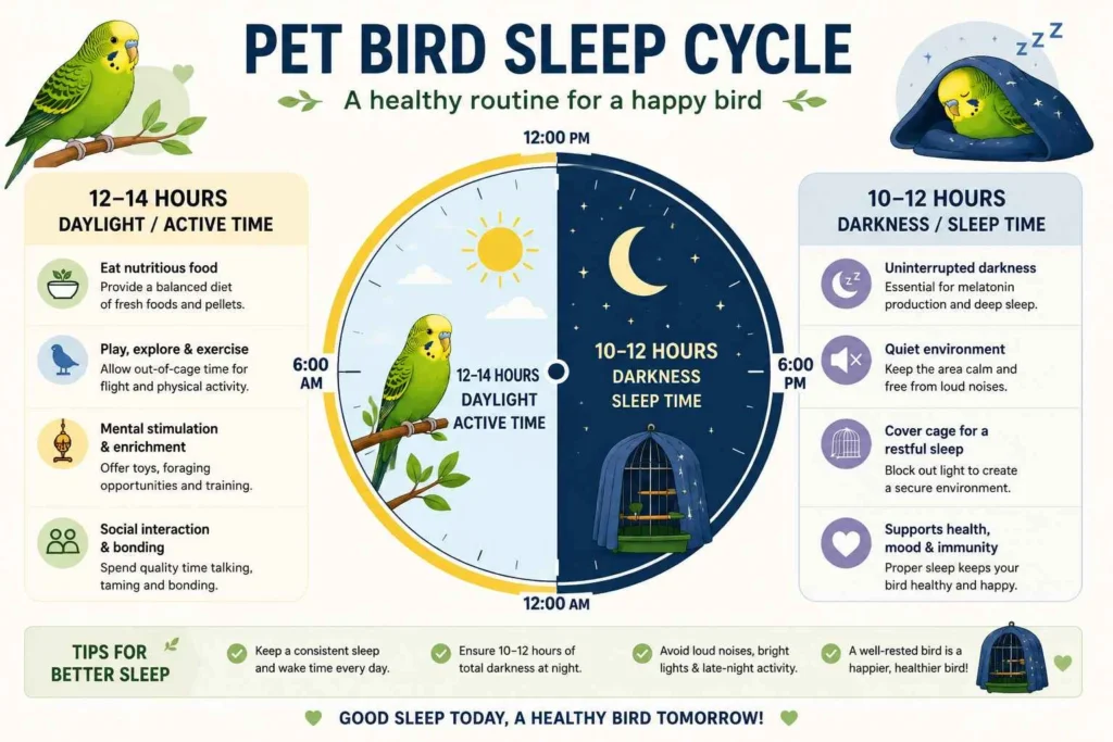 Horizontal flat-style infographic illustrating a healthy pet bird sleep cycle with a 24-hour clock, showing 12–14 hours of daytime activity and 10–12 hours of uninterrupted darkness for sleep, plus bird care tips and bedtime routine.