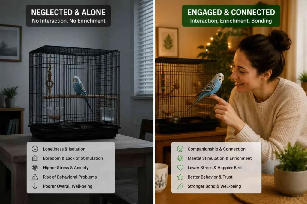 Split comparison showing a pet bird alone in a quiet room on one side and a bird happily interacting with its owner on the other, illustrating the importance of daily social interaction.