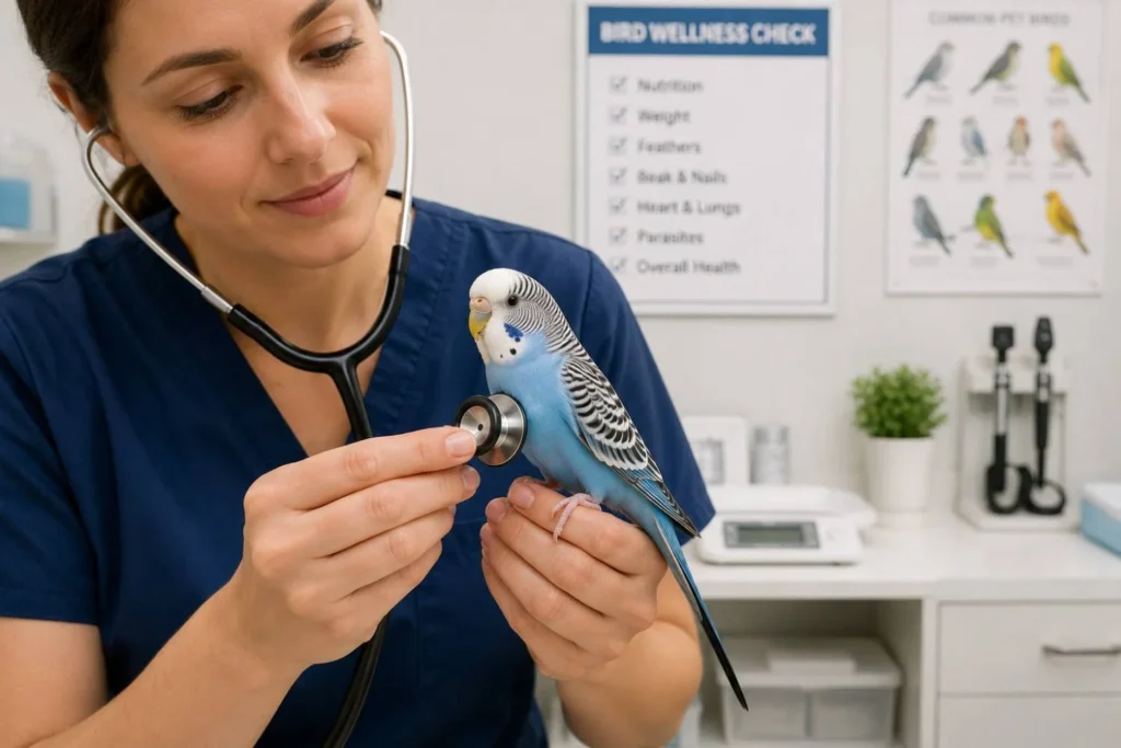 An avian veterinarian gently examining a calm pet budgie during a routine wellness check in a clean, professional veterinary exam room.