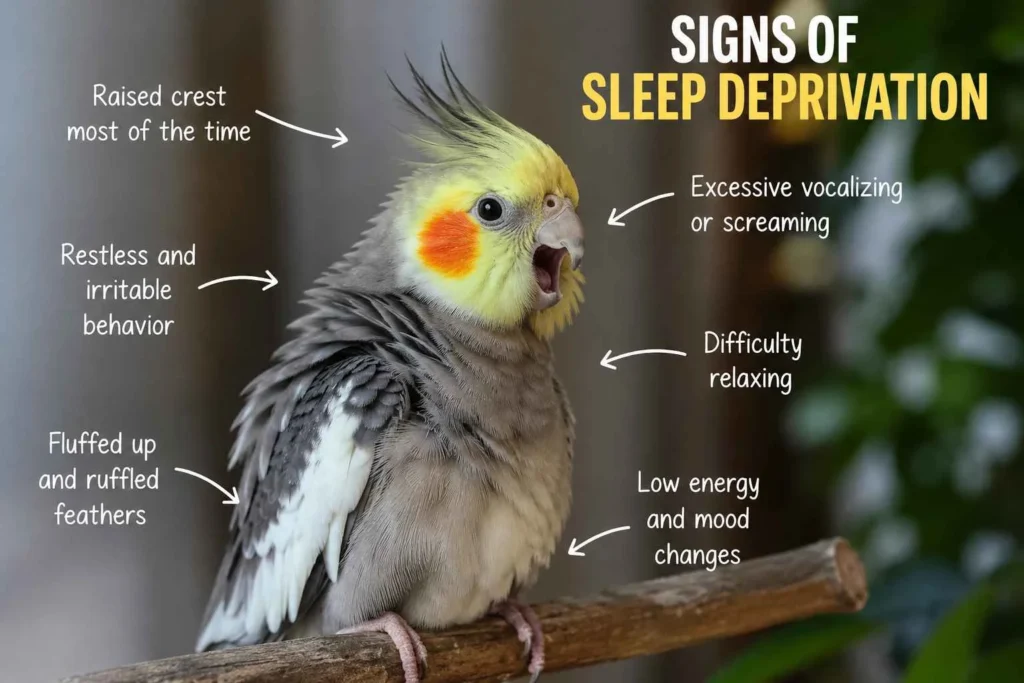 Cockatiel with slightly ruffled feathers and an alert expression perched during the day, illustrating common signs of sleep deprivation in pet birds.