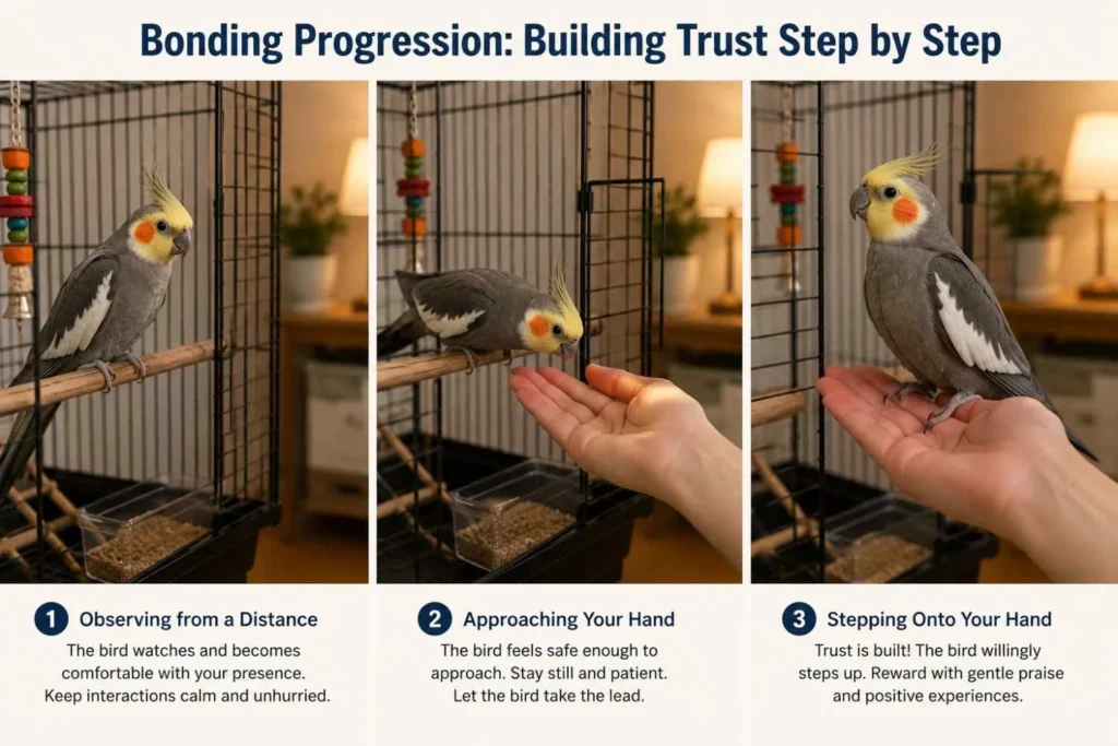 Three-panel illustration showing a pet bird's bonding journey from watching quietly on a perch, to approaching an open hand, to calmly stepping onto the owner's palm.