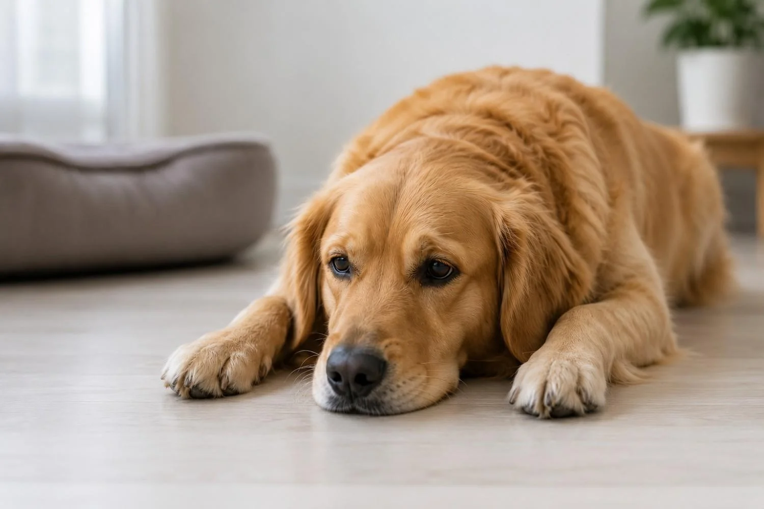 Golden retriever dog lying on the floor looking tired and unwell inside a cozy home.